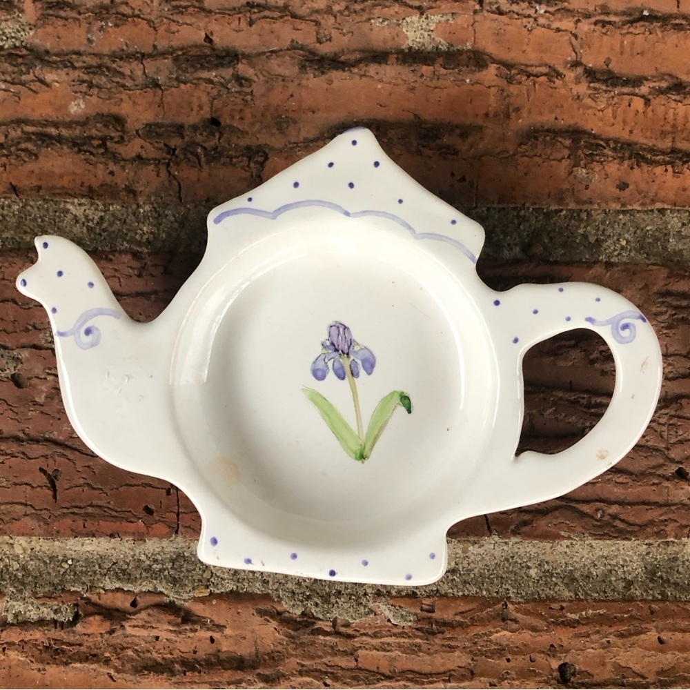 Hand & Heart Hand Painted Purple Iris Ceramic Teapot Shaped Teabag Or Lemon Dish